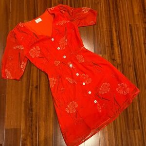 Wilfred Red Dress Floral Print Silky Feel VNeck Button Short Sleeve Mini Size 00